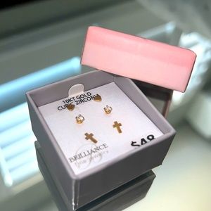 10KT Gold Cubic Zirconia Earrings set of 3: Heart, Jewel, Cross
